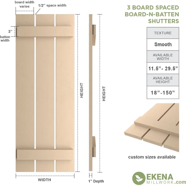 Rustic Three Board Spaced Board-n-Batten Smooth Faux Wood Shutters, 17 1/2W X 42H